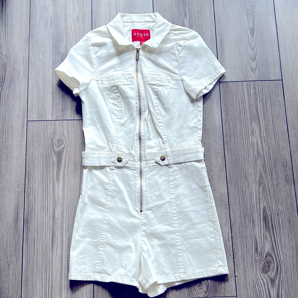 Guess White Jean Zippered Jumpsuit